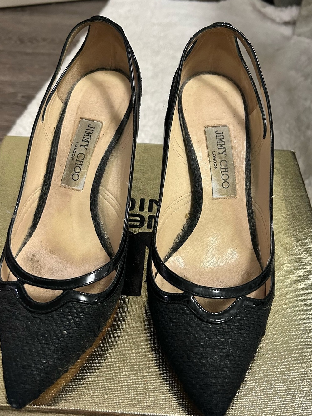 Jimmy Choo Black Pointed Slingback Pumps with Patent Trim